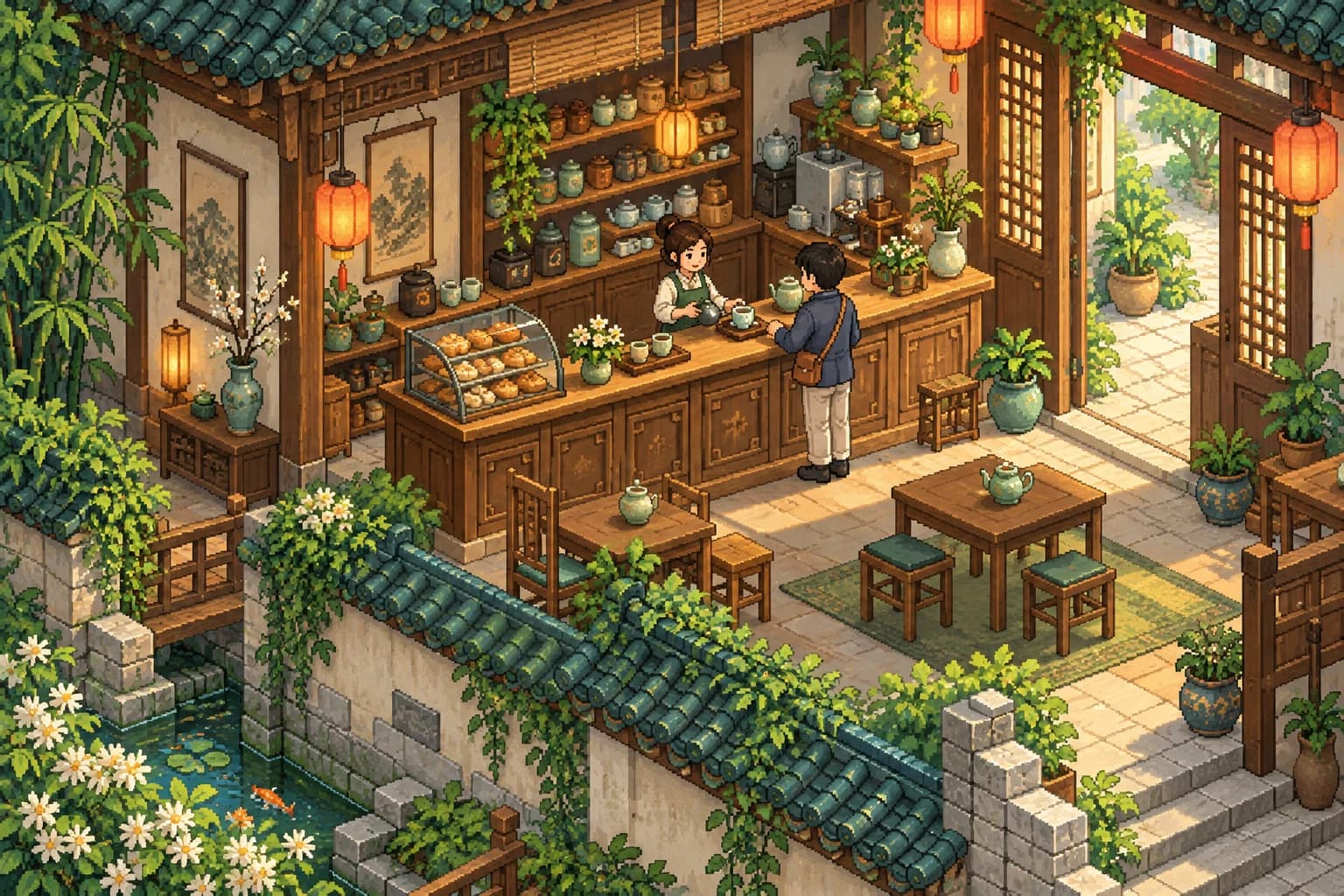Le café du quartier Hanzi en pixel art